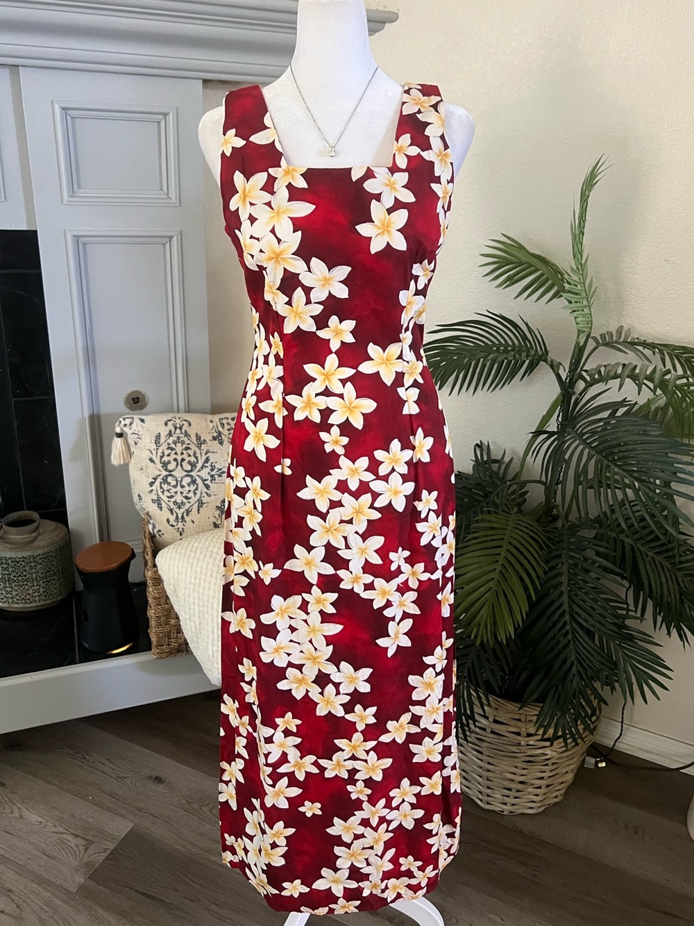 Sleeveless Red Floral Maxi Dress with White Plumeria -